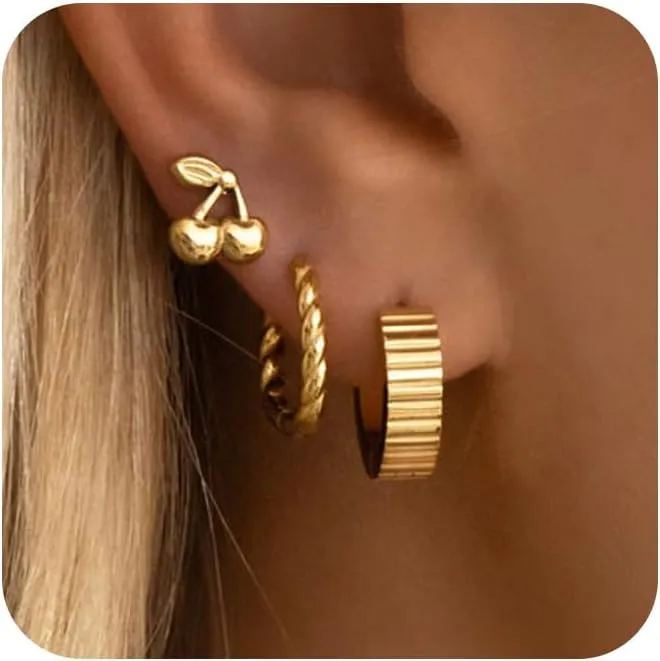 Gold Hoop Earrings Set for Women - Trendy 14K Gold Plated Dainty Huggie Earrings - Studs, Cartilage Earrings - Hypoallergenic - Jewelry Gifts for Women