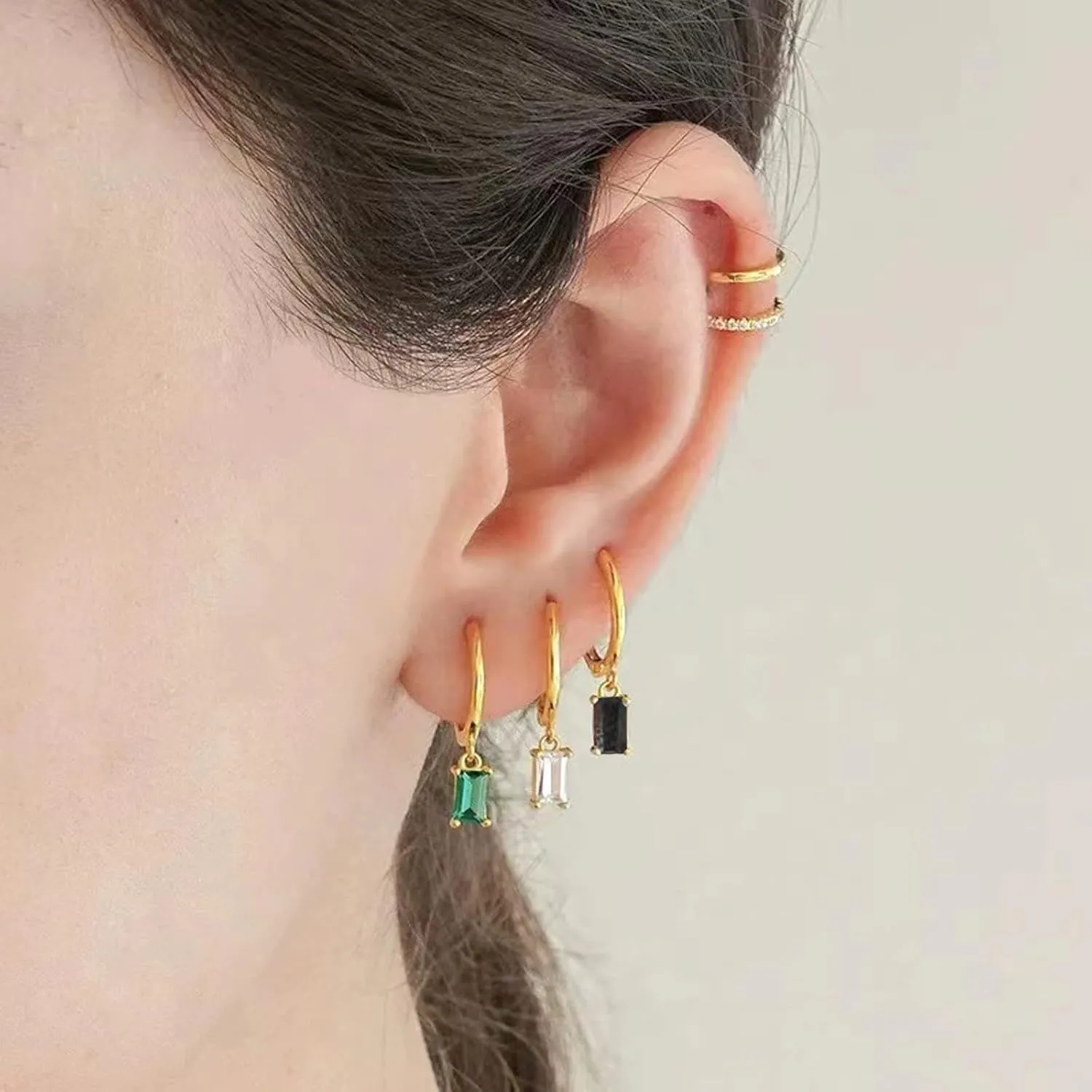 Gold Hoop Earrings With Green Drop, Huggie Hoops For Women & Men - 14K Gold, Hypoallergenic - 2PCS