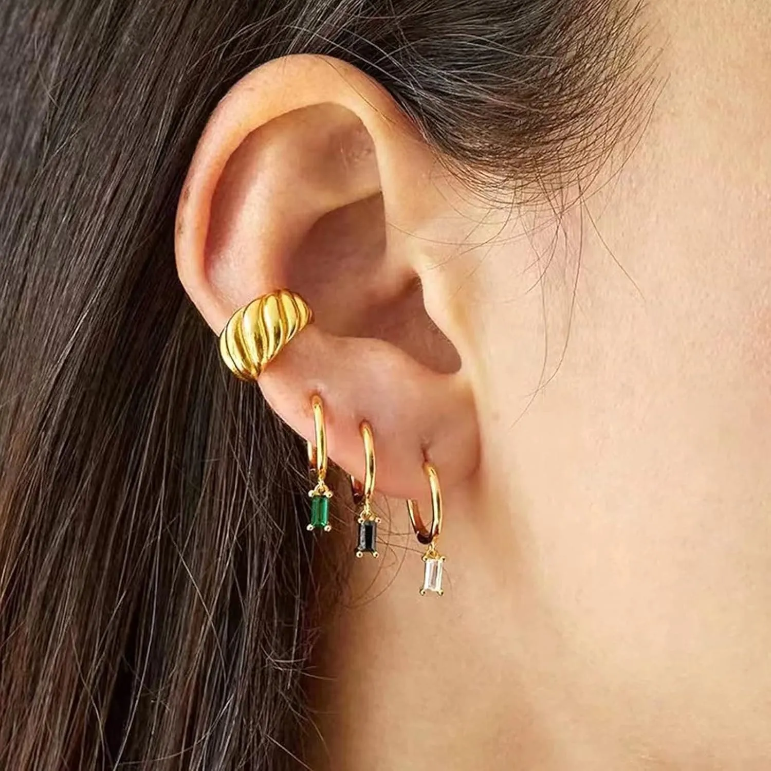 Gold Hoop Earrings With Green Drop, Huggie Hoops For Women & Men - 14K Gold, Hypoallergenic - 2PCS