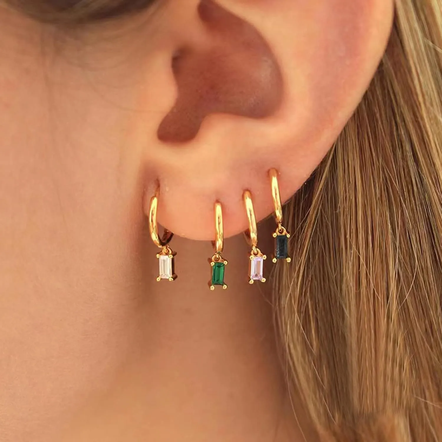 Gold Hoop Earrings With Green Drop, Huggie Hoops For Women & Men - 14K Gold, Hypoallergenic - 2PCS