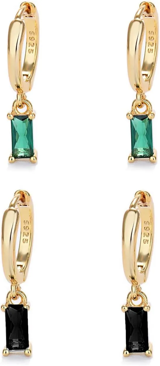 Gold Hoop Earrings With Green Drop, Huggie Hoops For Women & Men - 14K Gold, Hypoallergenic - 2PCS