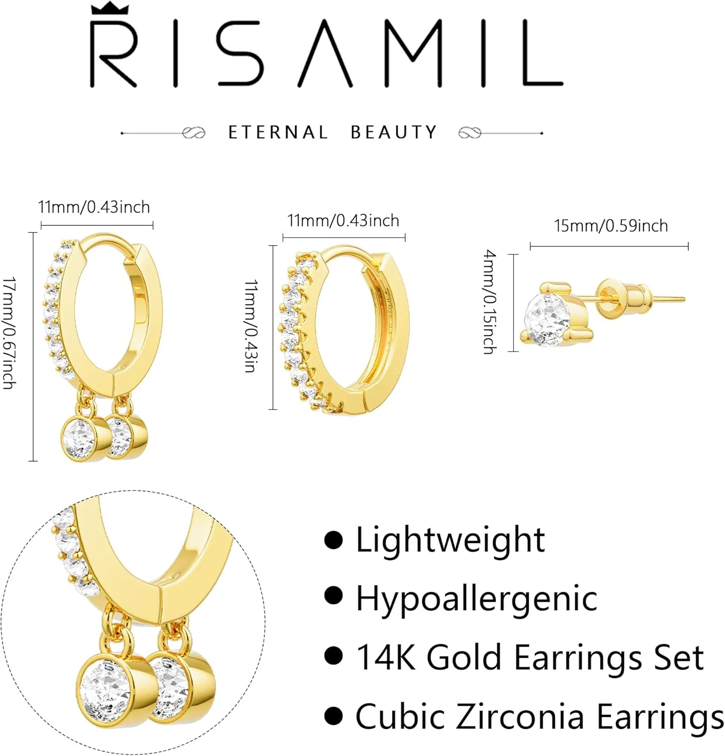 Gold Hoop Earrings - Women's Trendy Hypoallergenic Cubic Zirconia Stud Earrings