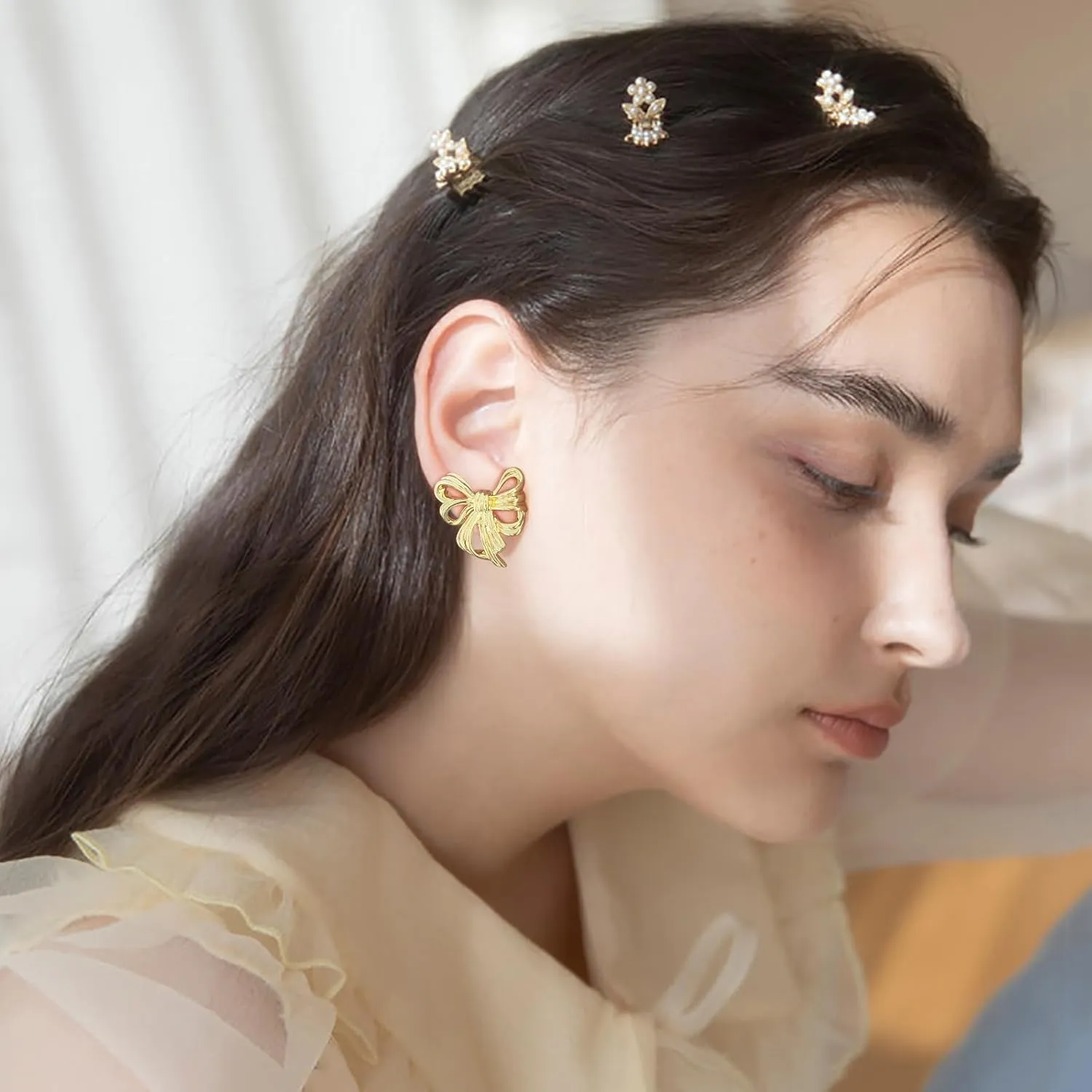 Gold Silver Bow Earrings for Women Cute Bowknot Stud Earrings Trendy Ribbon Bow Earrings Fashion Jewelry