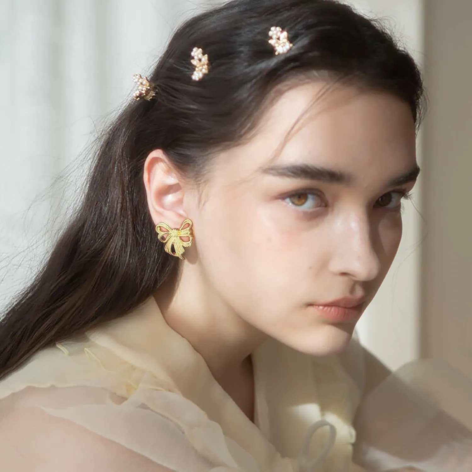 Gold Silver Bow Earrings for Women Cute Bowknot Stud Earrings Trendy Ribbon Bow Earrings Fashion Jewelry