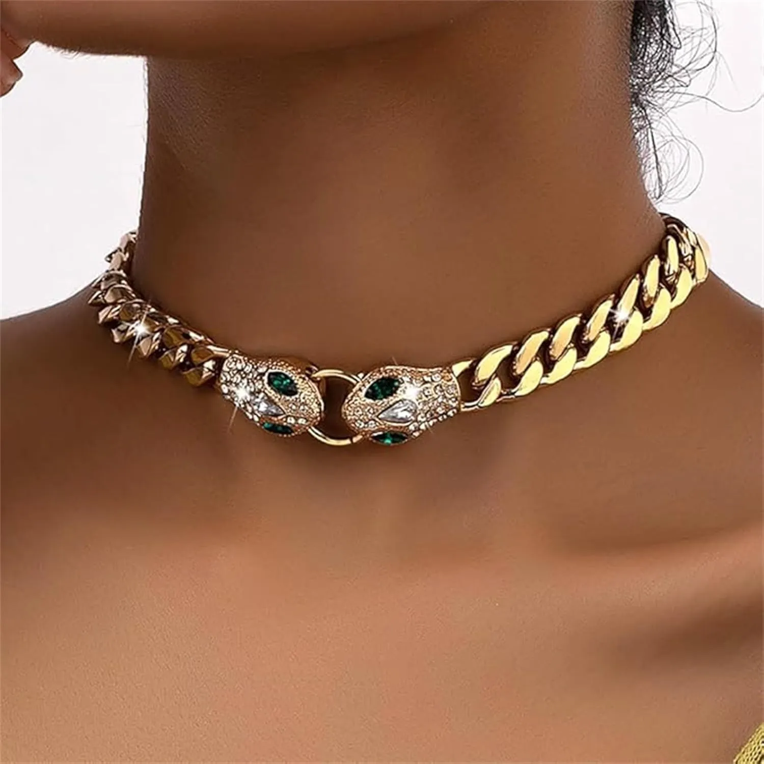 Gold Snake Necklace for Women Silver Chunky Statement Choker Necklace Crystal Snake Cuban Link Chain Necklaces Adjustable Rhinestone Viper Collar Necklaces Punk Hip Hop Animal Jewelry
