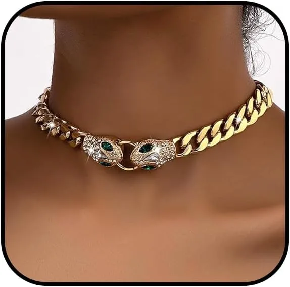 Gold Snake Necklace for Women Silver Chunky Statement Choker Necklace Crystal Snake Cuban Link Chain Necklaces Adjustable Rhinestone Viper Collar Necklaces Punk Hip Hop Animal Jewelry