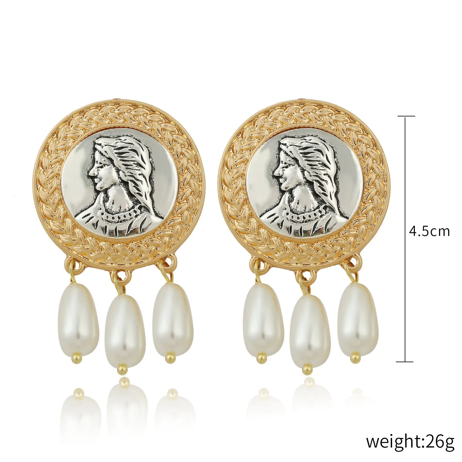 Gold Tone Pearl Bead Hanging Round Girl Embellished Stud Earrings JLT12873