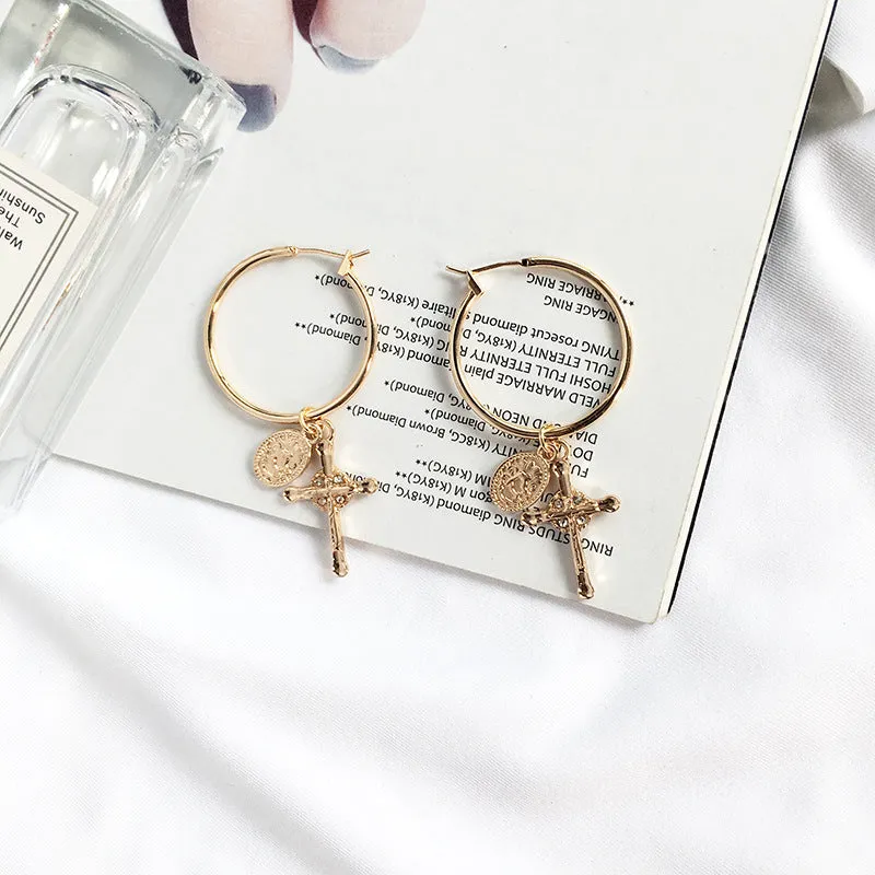 Golden Cross Coin Earrings - Trendy European & American Jewelry, Stylish Alloy Earrings on Amazon