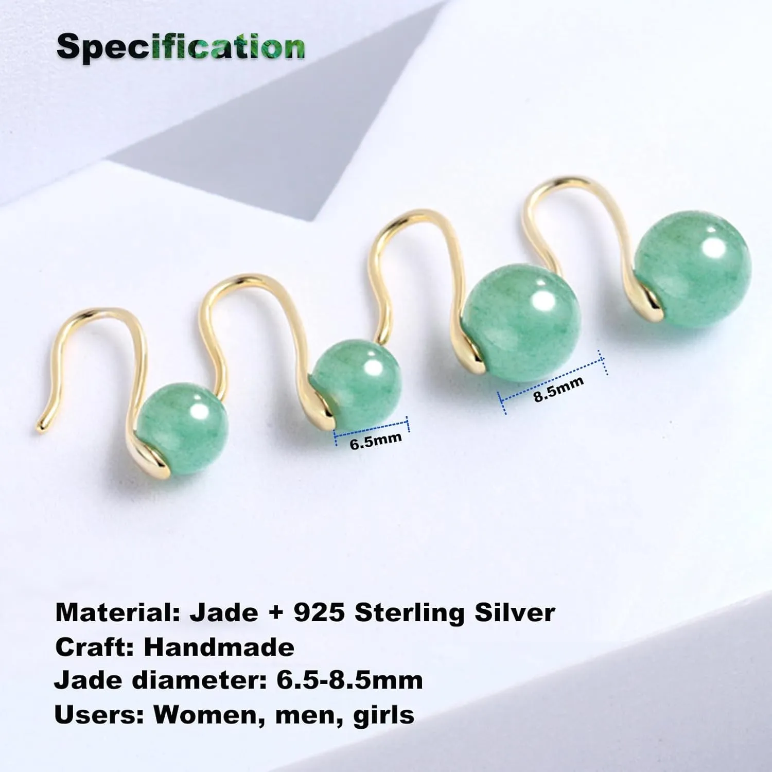 Handmade Jade Drop Earrings for Women, 6.5mm-8.5mm Green Jade Earrings 925 Sterling Silver Dangle Earrings Good Luck Jade Earrings Gift for Birthday Anniversary