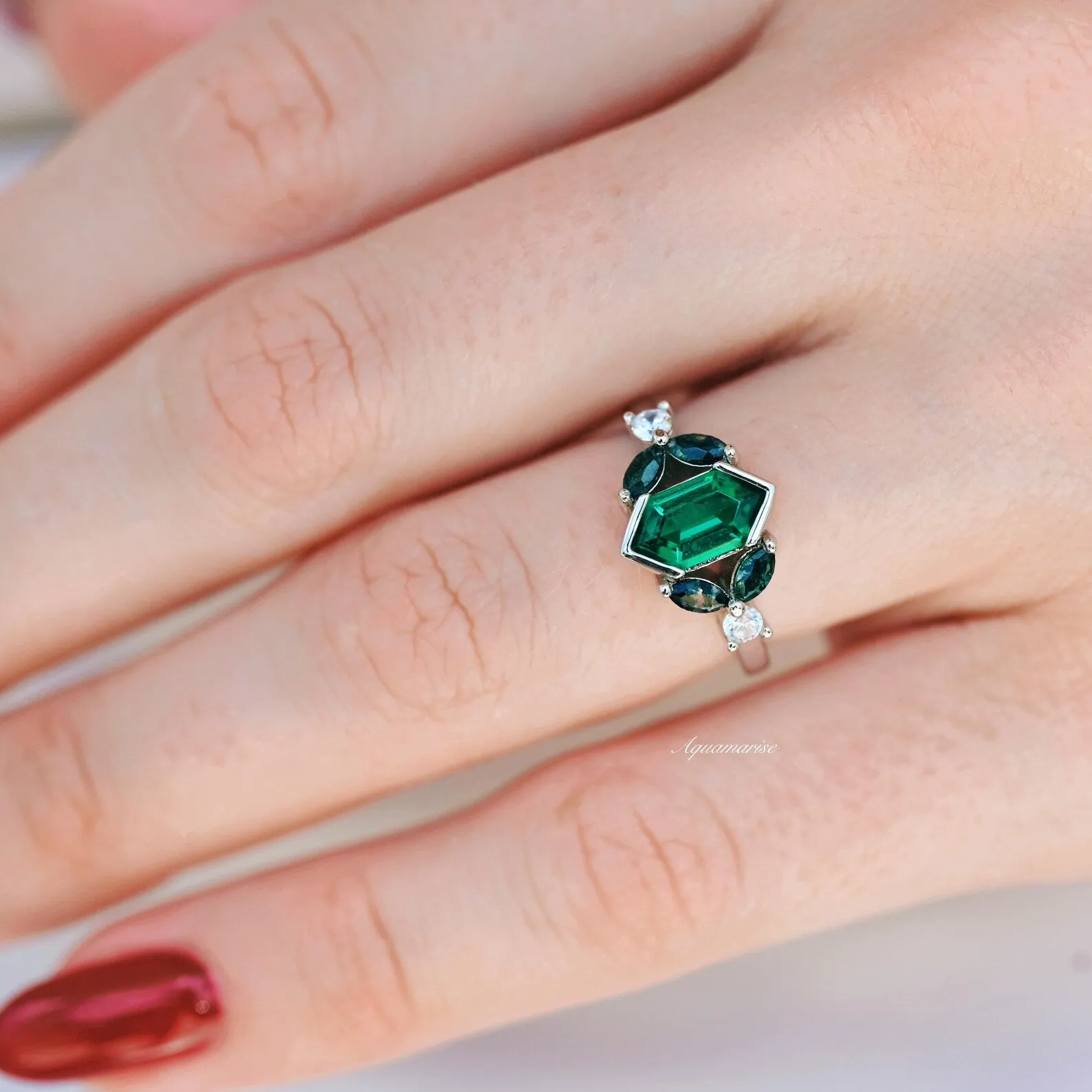 Hexagon Emerald & Moss Agate Couples Ring