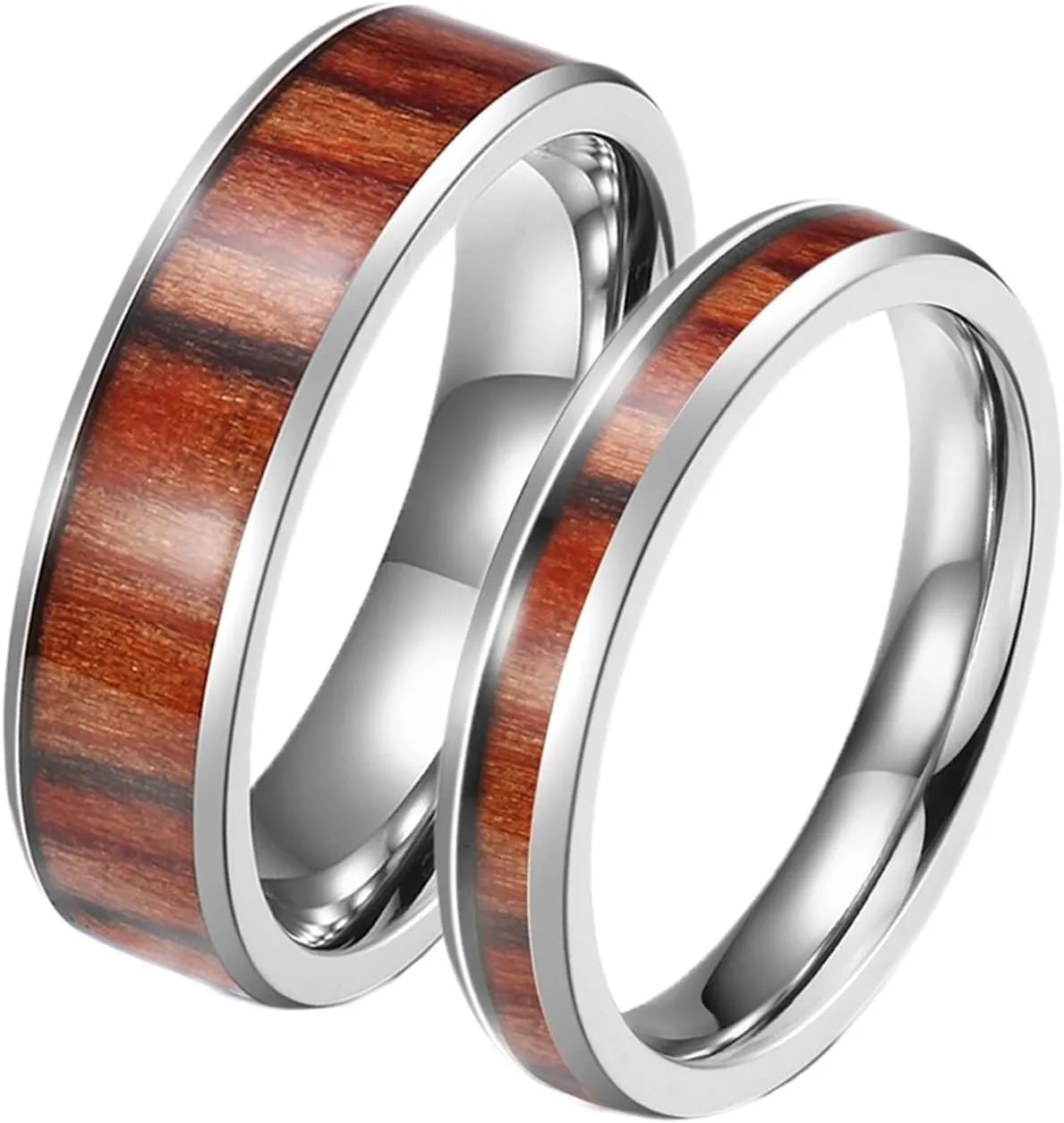His and Her Couples Rings, Wedding Rings for Couples Set Stainless Steel Comfort Fit 6mm 4mm Silver Ring Inlay Wood