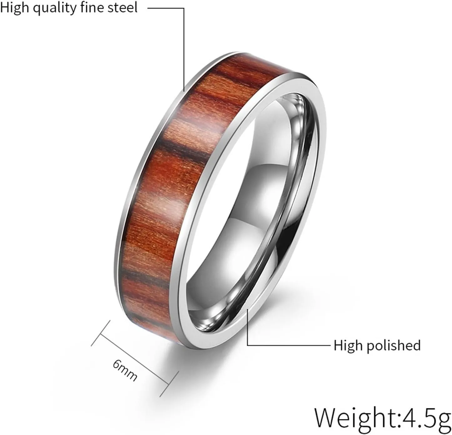His and Her Couples Rings, Wedding Rings for Couples Set Stainless Steel Comfort Fit 6mm 4mm Silver Ring Inlay Wood