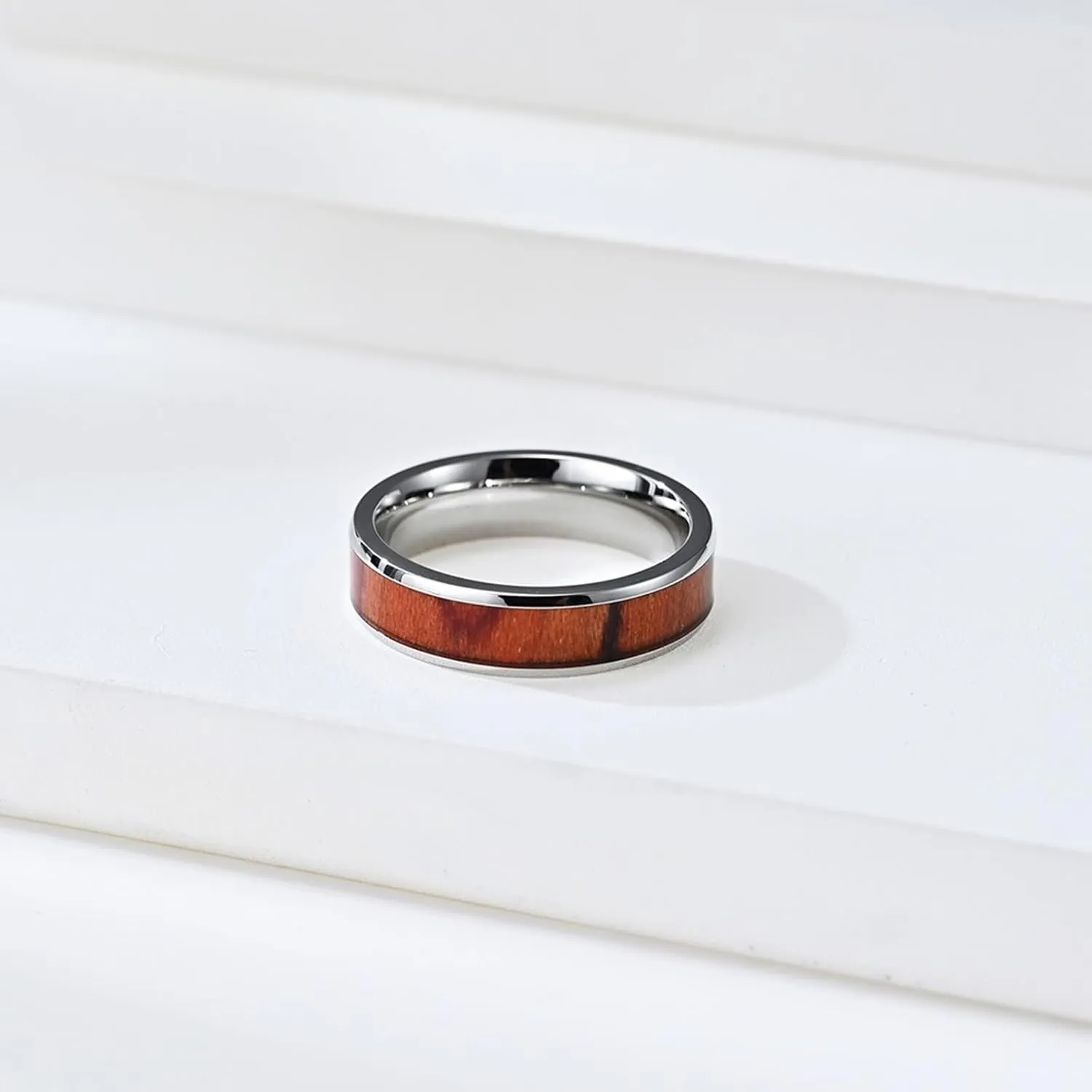 His and Her Couples Rings, Wedding Rings for Couples Set Stainless Steel Comfort Fit 6mm 4mm Silver Ring Inlay Wood
