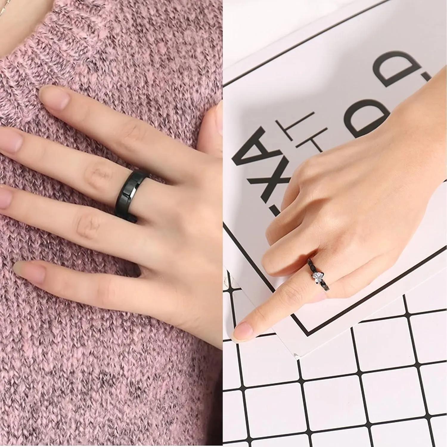 His and Her Rings Wedding Ring Set, Stainless Steel Couples Rings Promise Rings Comfort Fit Black Ring 6mm Heart Cubic Zirconia
