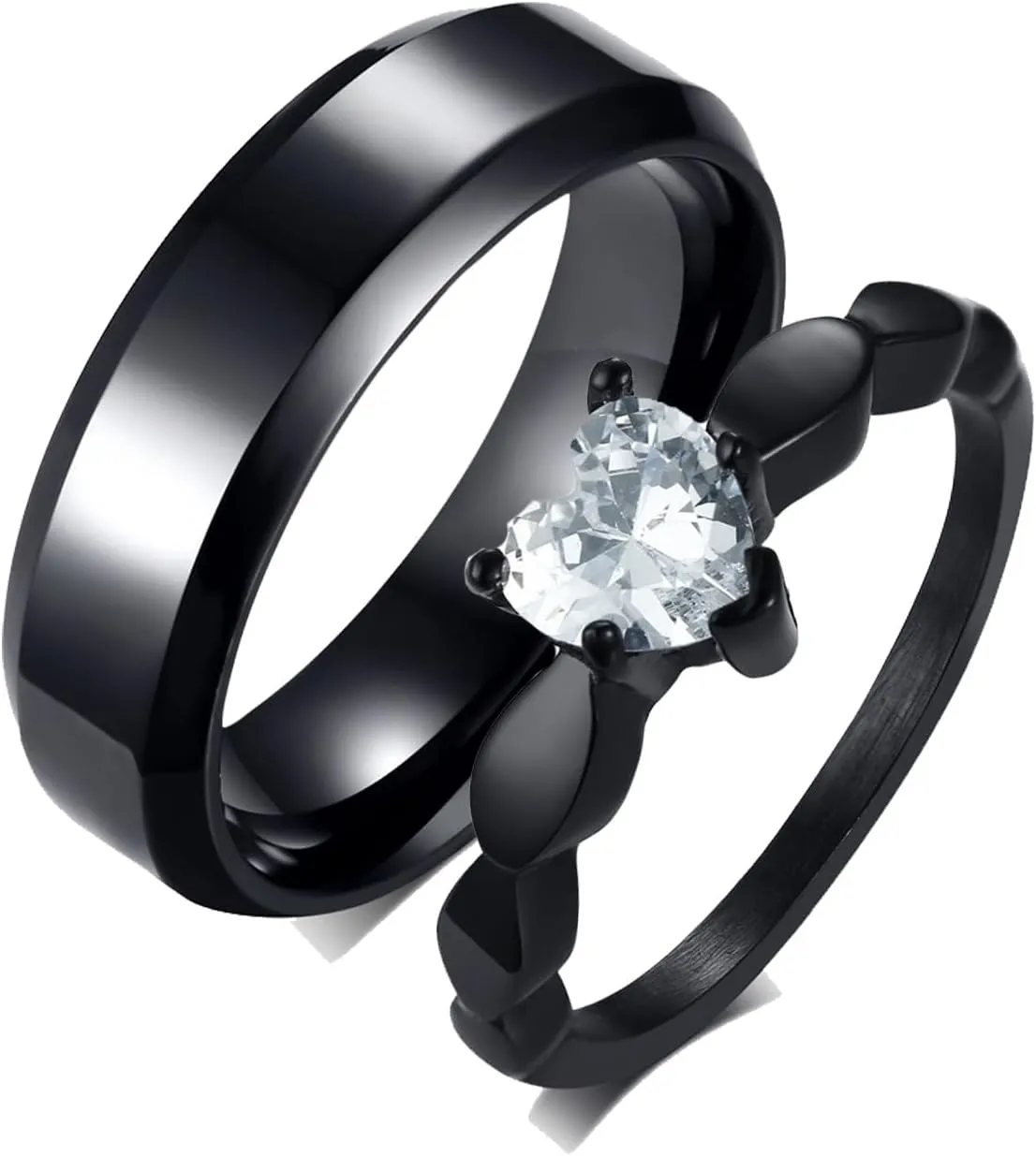 His and Her Rings Wedding Ring Set, Stainless Steel Couples Rings Promise Rings Comfort Fit Black Ring 6mm Heart Cubic Zirconia