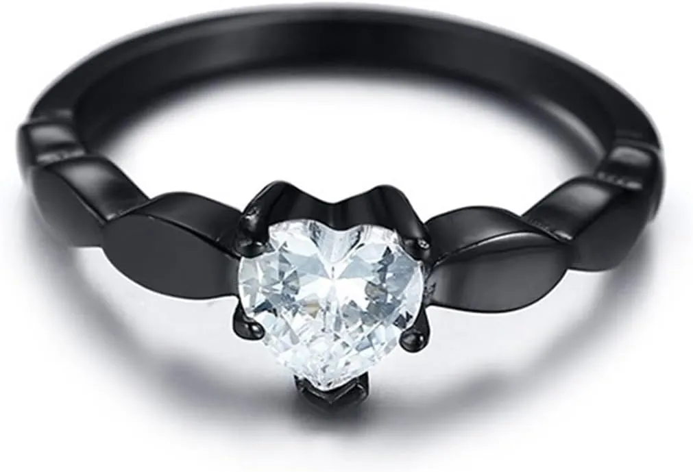 His and Her Rings Wedding Ring Set, Stainless Steel Couples Rings Promise Rings Comfort Fit Black Ring 6mm Heart Cubic Zirconia