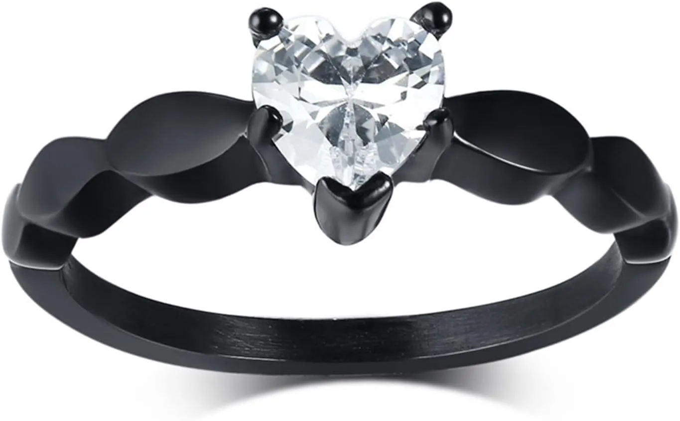His and Her Rings Wedding Ring Set, Stainless Steel Couples Rings Promise Rings Comfort Fit Black Ring 6mm Heart Cubic Zirconia