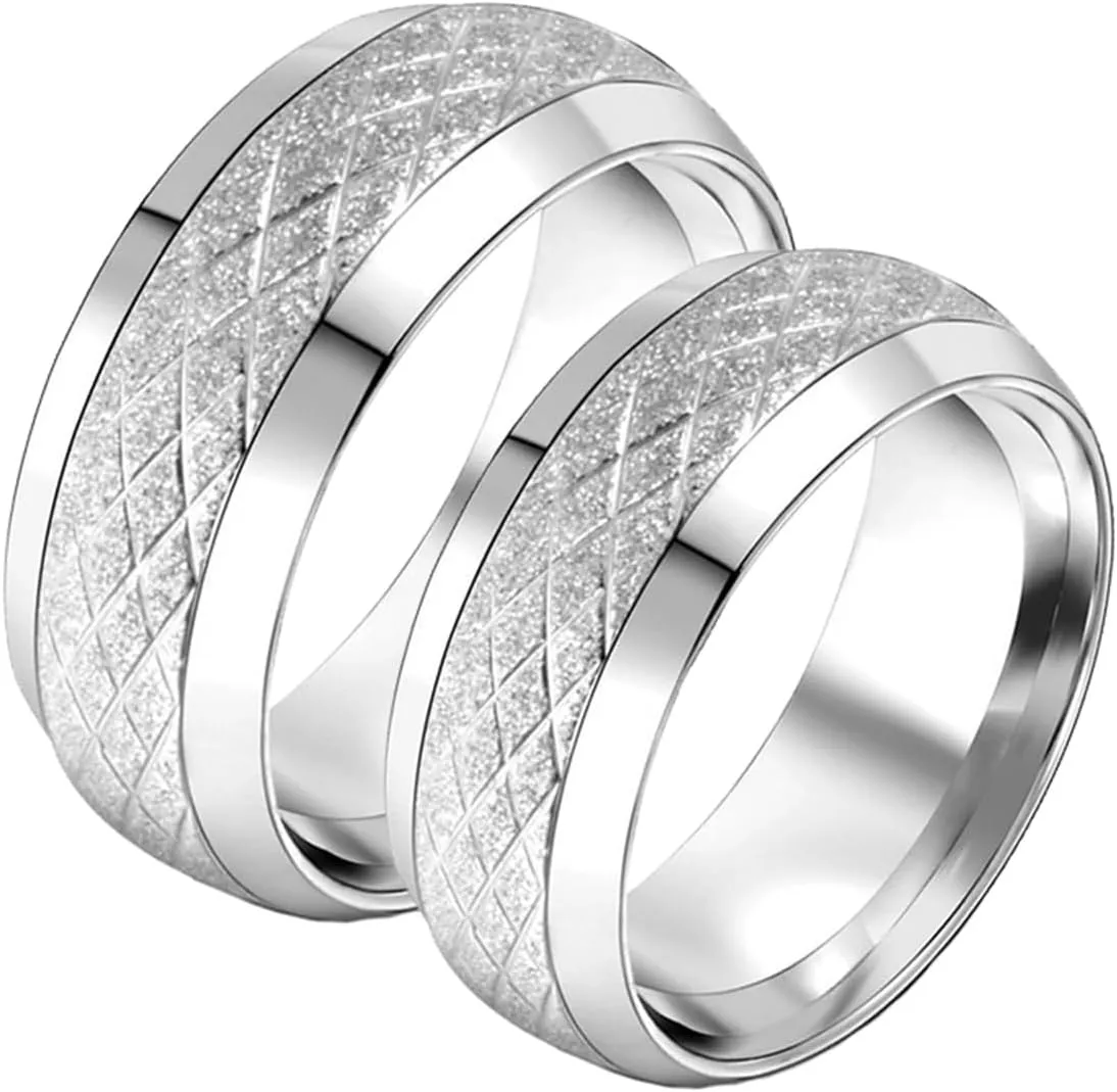 His and Her Wedding Rings Sets, Stainless Steel Engagement Rings for Couples Set Comfort Fit Silver Matte Ring 8mm
