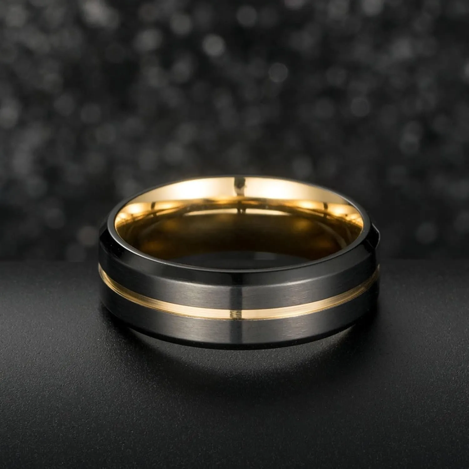 His and Hers Rings Sets, Stainless Steel Wedding Rings Sets for Couples Comfort Fit Gold Black Brushed Ring 8mm