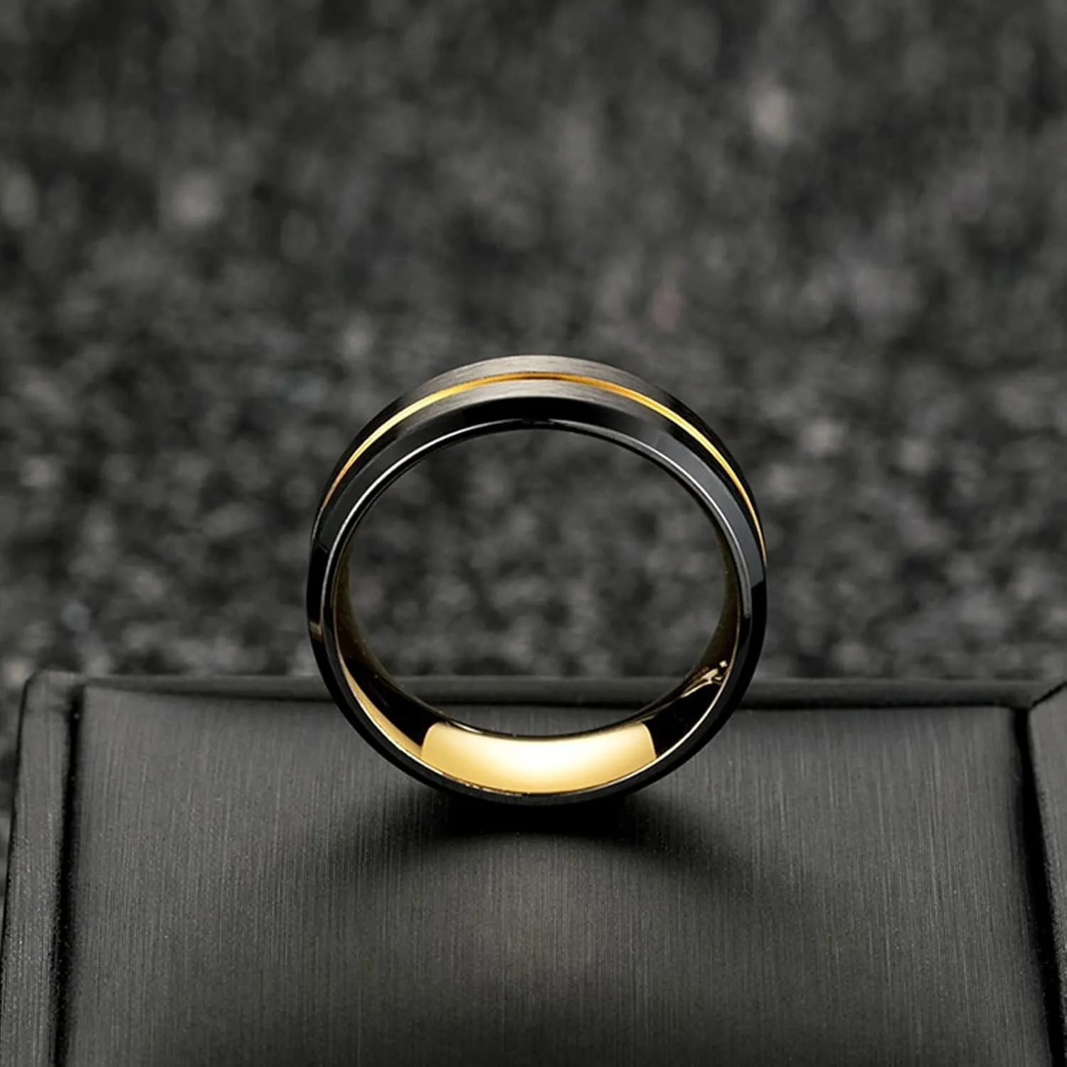 His and Hers Rings Sets, Stainless Steel Wedding Rings Sets for Couples Comfort Fit Gold Black Brushed Ring 8mm