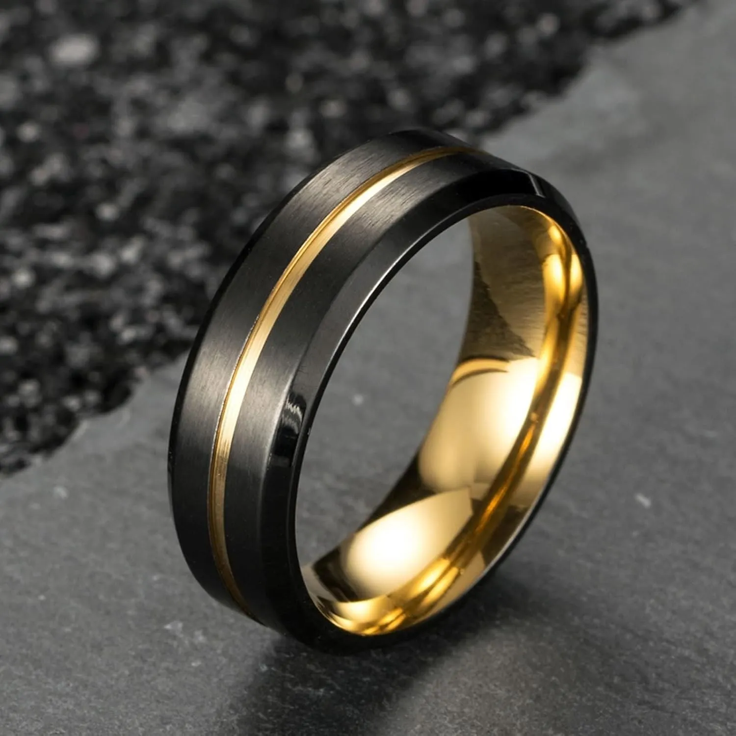 His and Hers Rings Sets, Stainless Steel Wedding Rings Sets for Couples Comfort Fit Gold Black Brushed Ring 8mm
