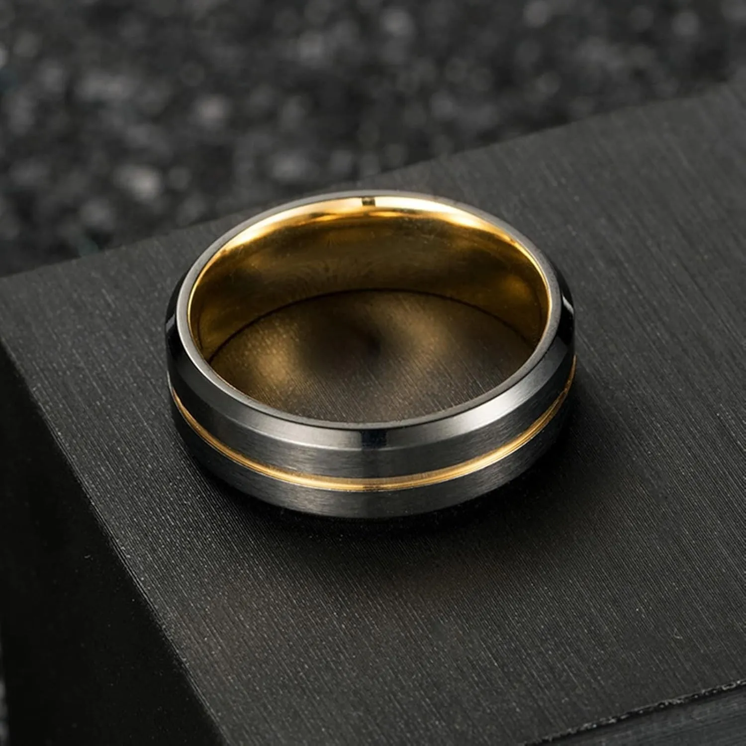 His and Hers Rings Sets, Stainless Steel Wedding Rings Sets for Couples Comfort Fit Gold Black Brushed Ring 8mm