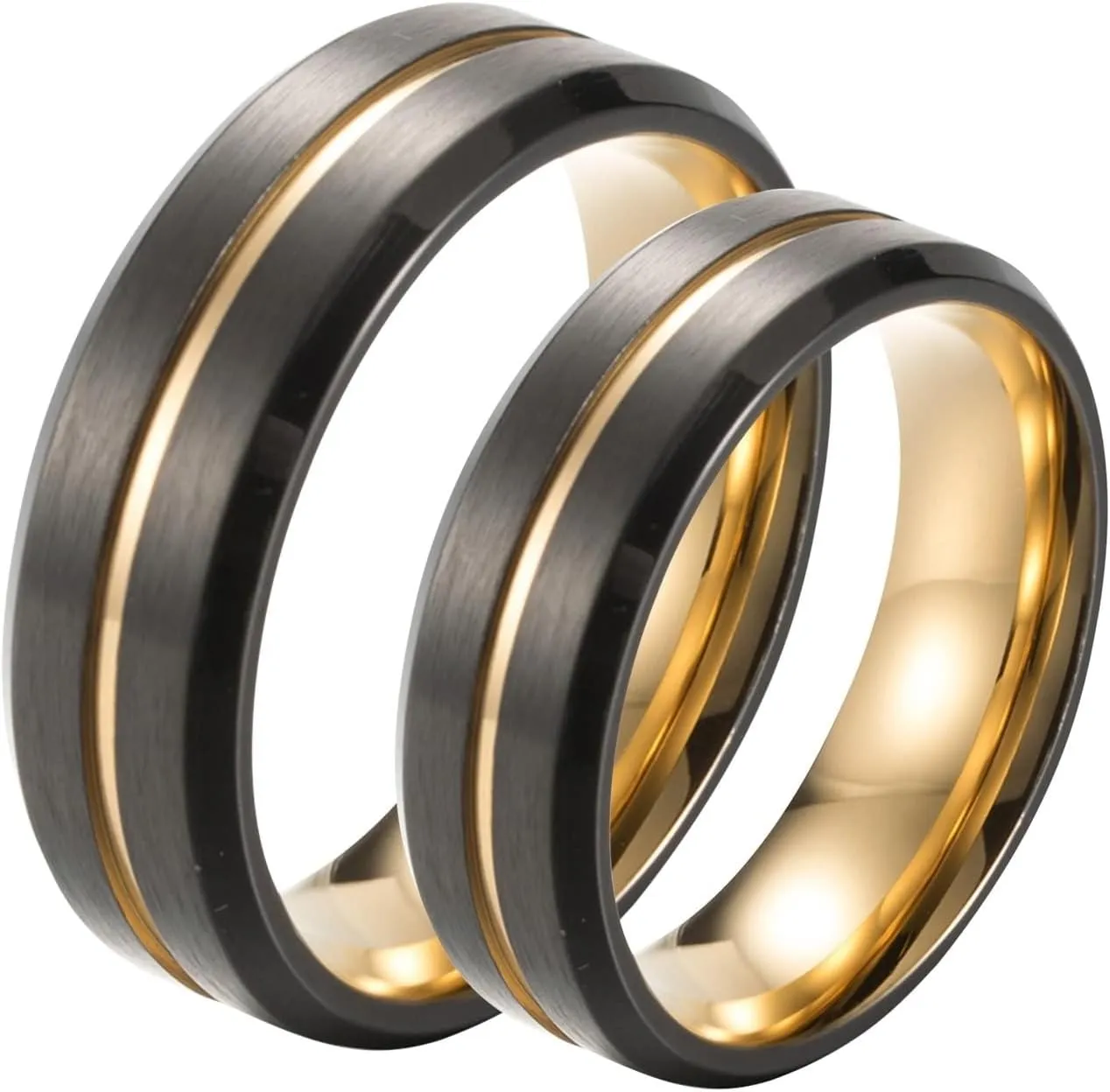 His and Hers Rings Sets, Stainless Steel Wedding Rings Sets for Couples Comfort Fit Gold Black Brushed Ring 8mm