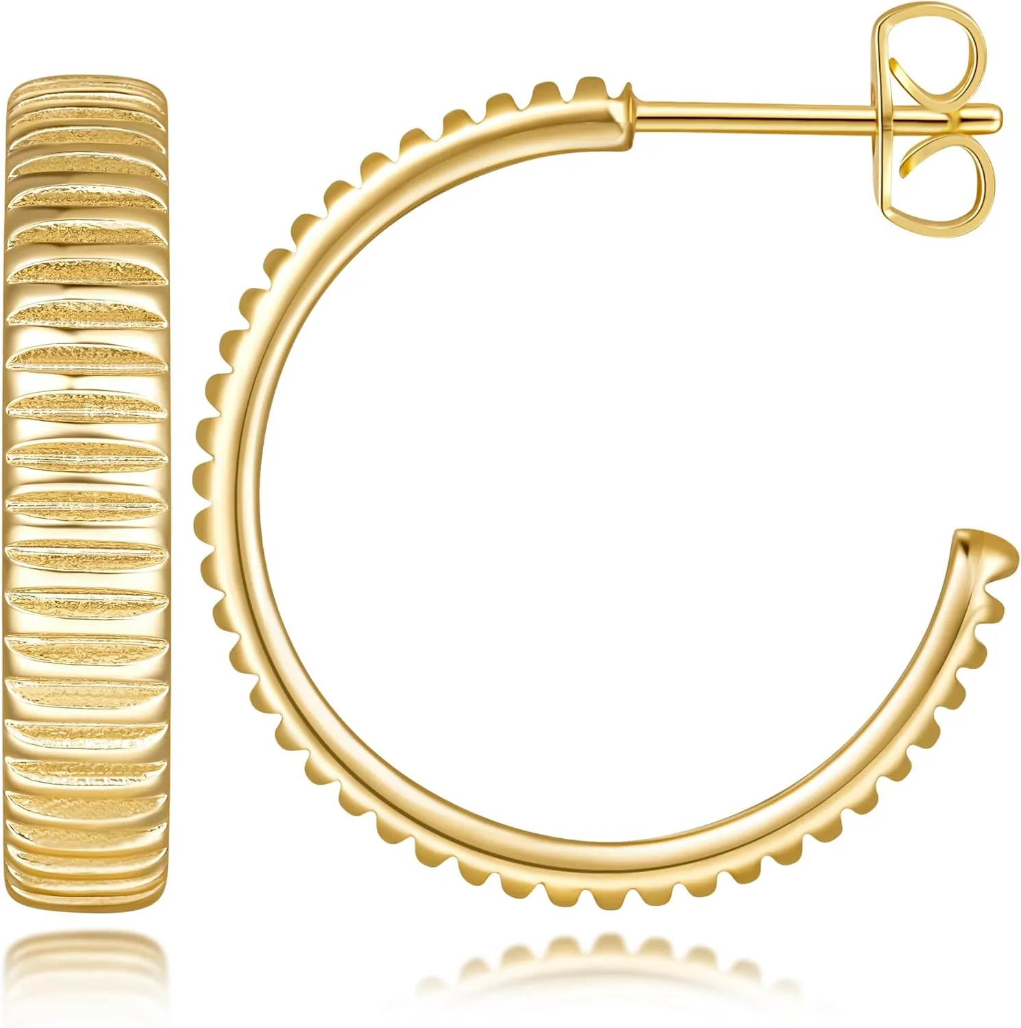 Hoop earrings 14K Gold Hoop Earrings for Women Earring Studs Soft and Rounded Shape Gear-Like Texture Dainty Gold Hoop Stud Earring for Women 17mm