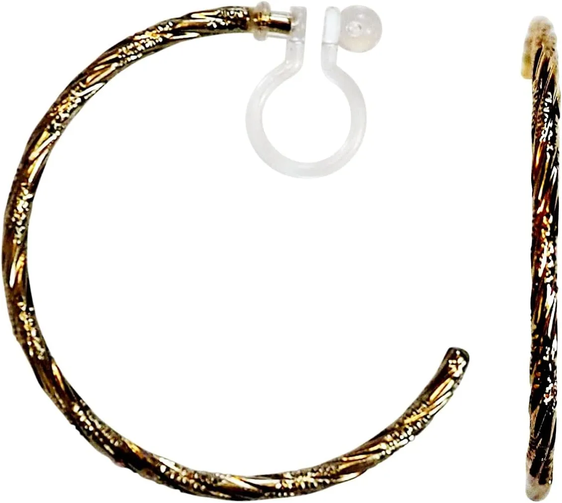 Hoop Invisible Clip On Earrings for Women Not Pierced Gold Twisted 31mm Hoop Comfortable Clip On Earrings Miyabi Grace