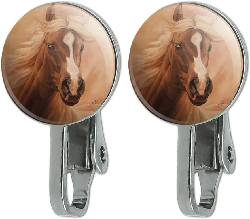 Horse Portrait Peach Novelty Clip-On Stud Earrings
