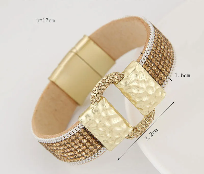 Hot Fashion Sparkling Full Rhinestone Belt Buckle Wide Magnetic Leather bracelets & bangles Women Statement Pulsera Mujer Bijoux