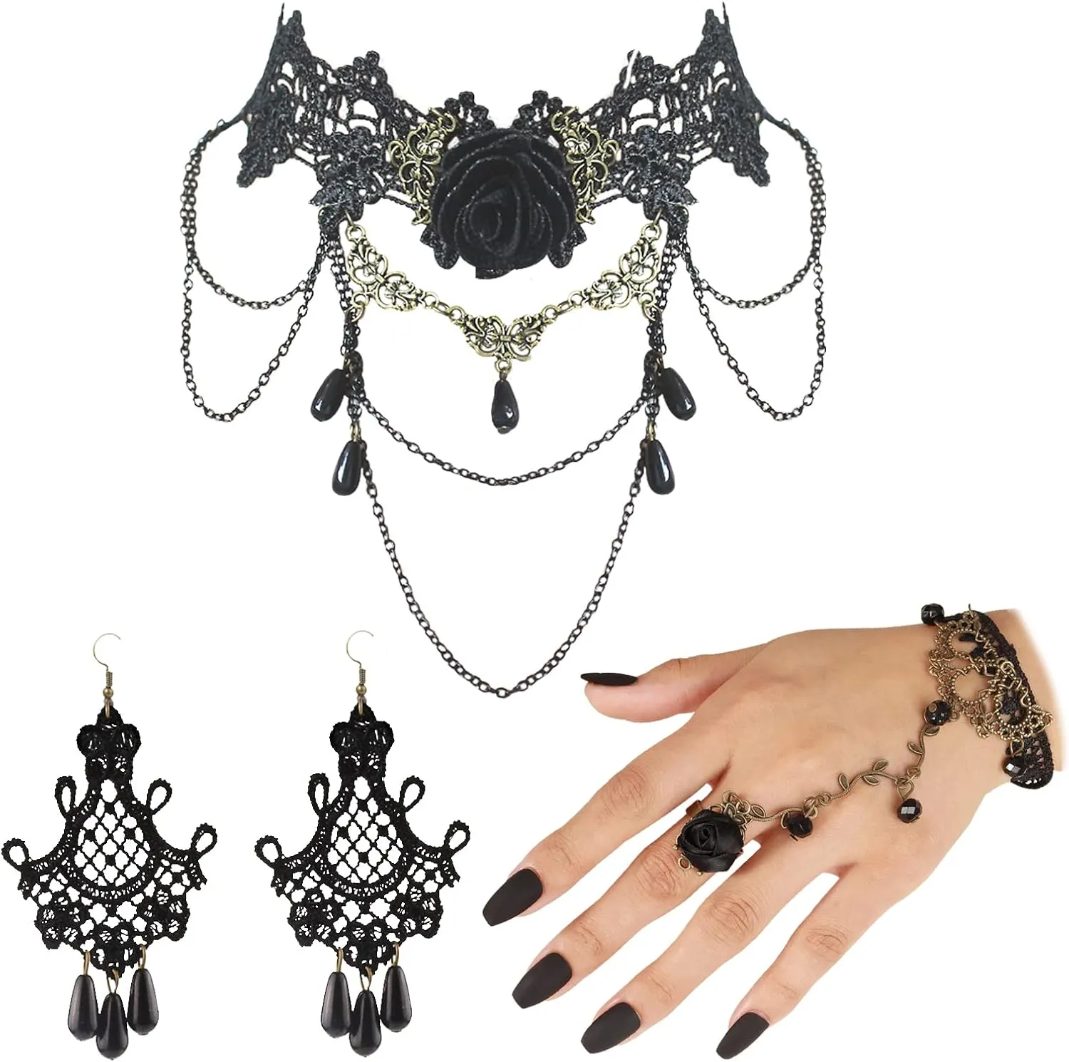 HUASAI Witch Costume Set - Black Choker Necklaces for Women Gothic Accessories Halloween Cosplay