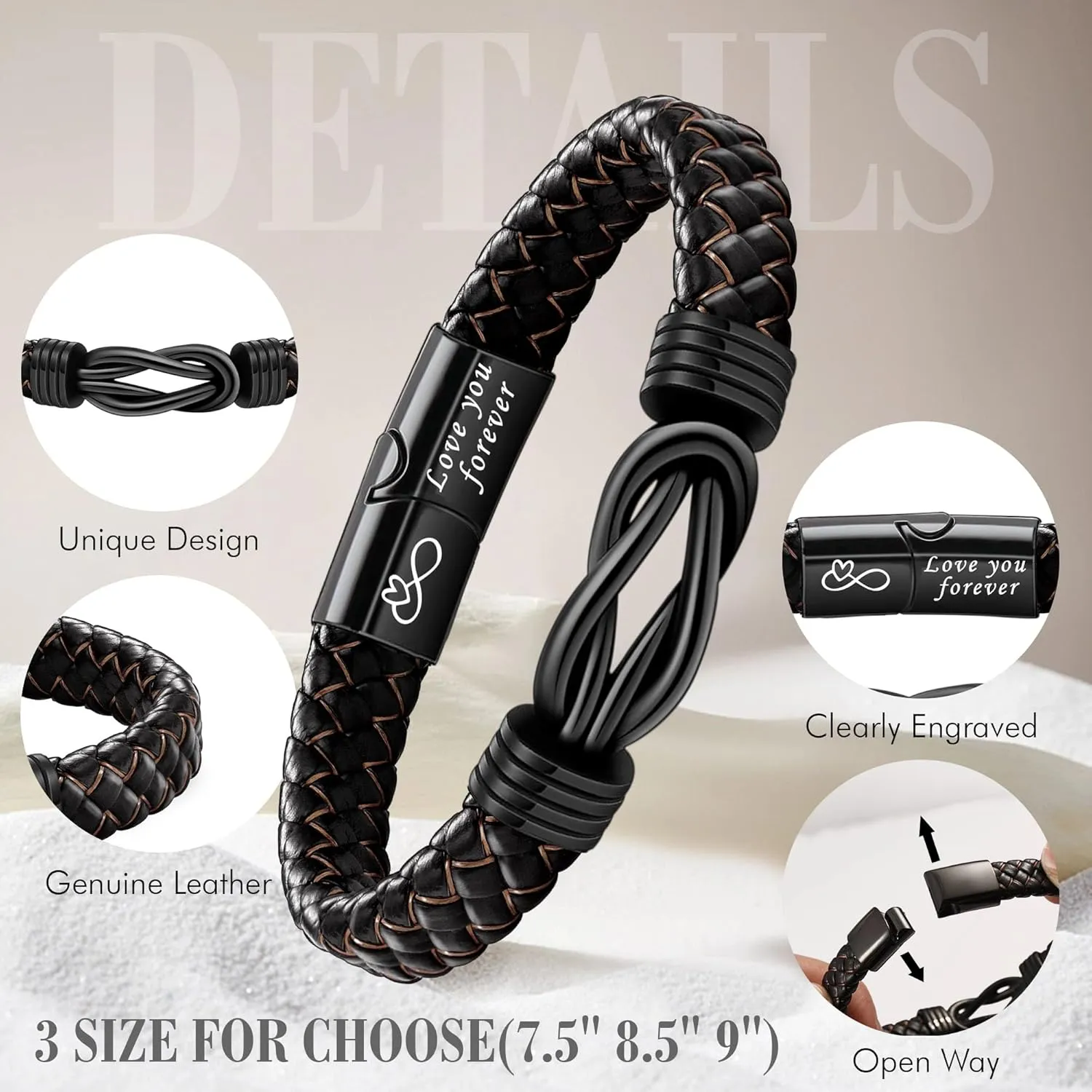 I Love You Gifts for Him Leather Bracelet for Men Knot Infinity Bracelets Valentines Day Gift for Husband Boyfriend Dad Son Grandson Anniversary Birthday Jewelry Graduation Gifts for Him 2024