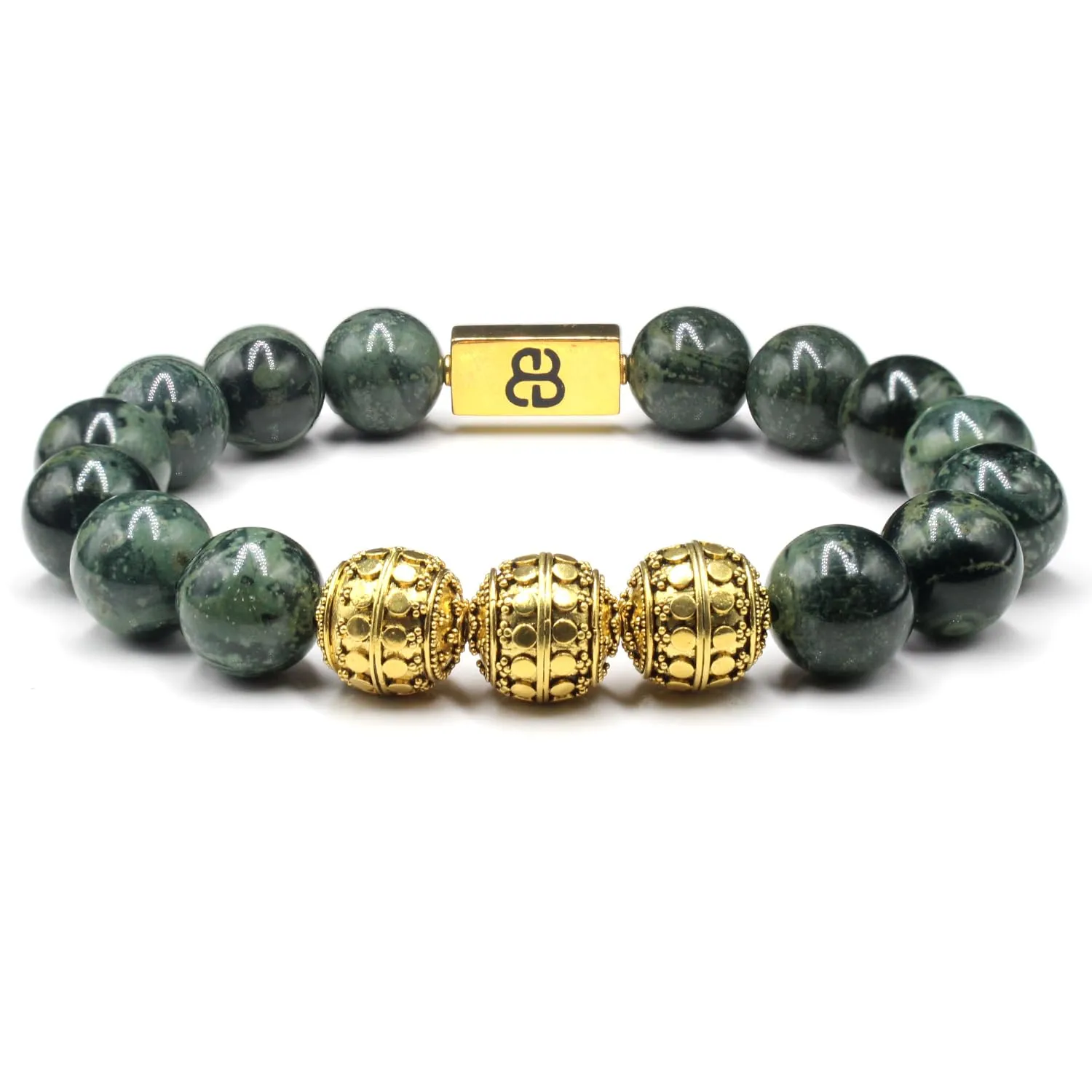 Jade Bracelet for Men, Dark Green Nephrite Jade, Gold Bali Beads, Quality Beaded Jewelry