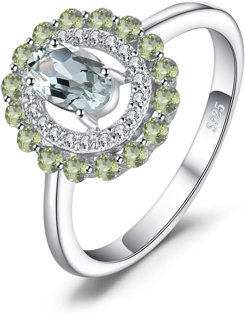 JewelryPalace Luxury Oval 1.5ct Genuine Peridot Green Amethyst Halo Rings for Women, 14k White Yellow Rose Gold Plated 925 Sterling Silver Promise Ring for Her, Natural Gemstone Jewelry Sets