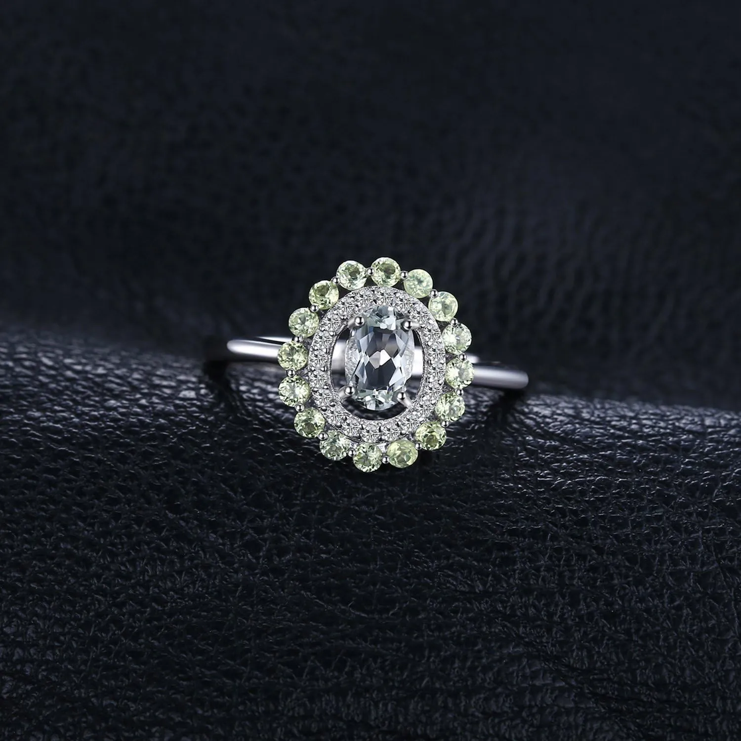 JewelryPalace Luxury Oval 1.5ct Genuine Peridot Green Amethyst Halo Rings for Women, 14k White Yellow Rose Gold Plated 925 Sterling Silver Promise Ring for Her, Natural Gemstone Jewelry Sets
