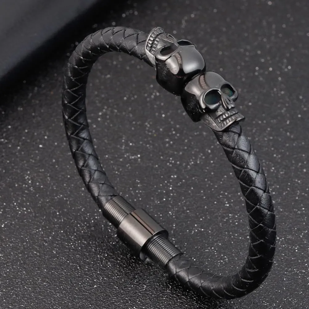 JO WISDOM Skull Bracelets for Men Leather Bracelet Punk Leather Rope Braided Chain Bangle Handmade Jewelry Gifts