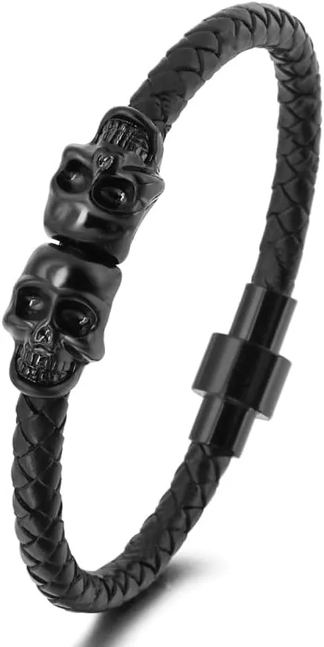 JO WISDOM Skull Bracelets for Men Leather Bracelet Punk Leather Rope Braided Chain Bangle Handmade Jewelry Gifts