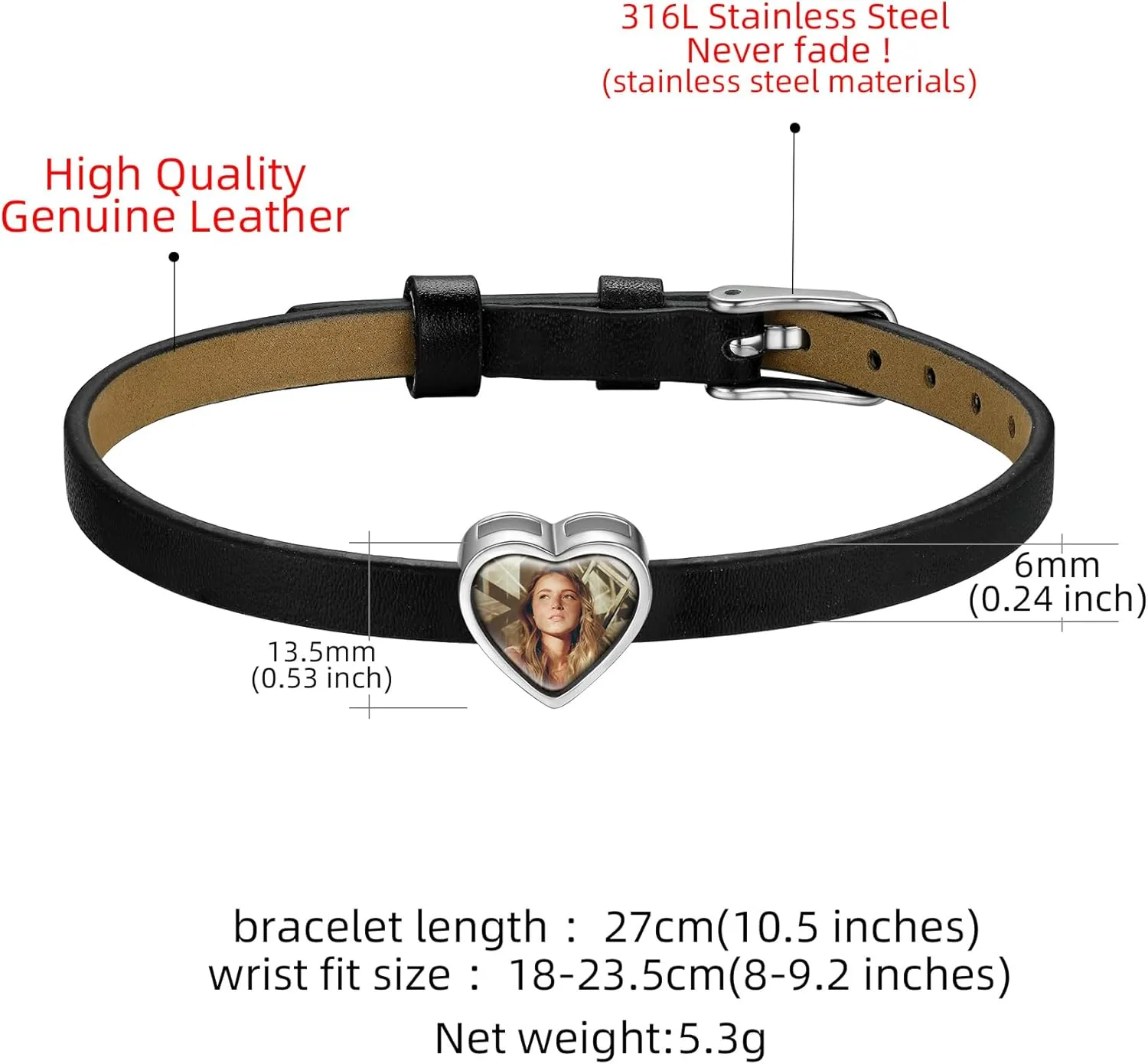 KeyStyle Custom Photo Bracelets for Men Women, Black Punk Leather Cuff Bracelet Braided Leathers Wrap Wristbands Adjustable Personalized Heart Gifts for Mother Wife Love One