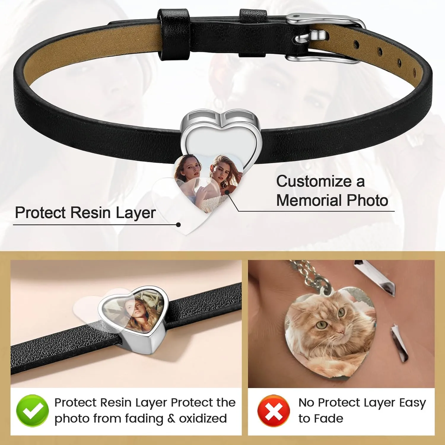 KeyStyle Custom Photo Bracelets for Men Women, Black Punk Leather Cuff Bracelet Braided Leathers Wrap Wristbands Adjustable Personalized Heart Gifts for Mother Wife Love One