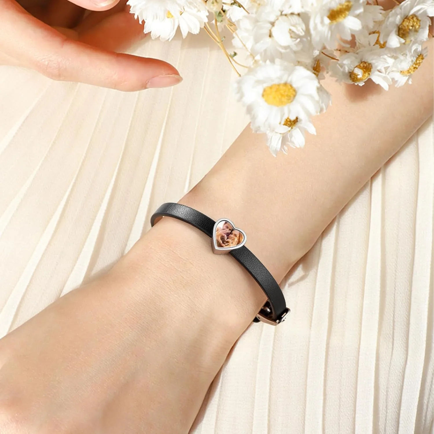 KeyStyle Custom Photo Bracelets for Men Women, Black Punk Leather Cuff Bracelet Braided Leathers Wrap Wristbands Adjustable Personalized Heart Gifts for Mother Wife Love One