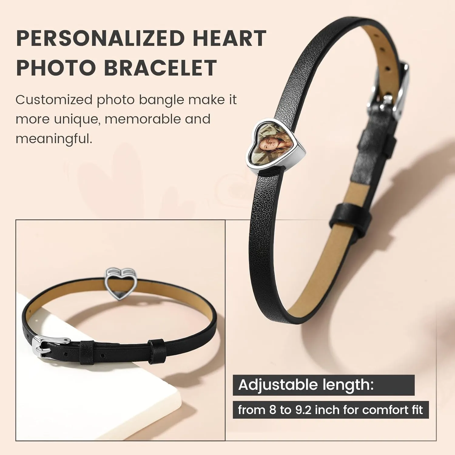 KeyStyle Custom Photo Bracelets for Men Women, Black Punk Leather Cuff Bracelet Braided Leathers Wrap Wristbands Adjustable Personalized Heart Gifts for Mother Wife Love One