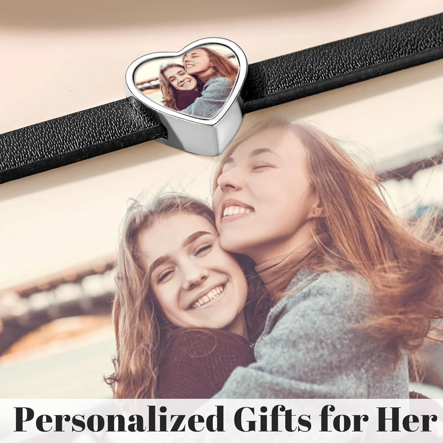 KeyStyle Custom Photo Bracelets for Men Women, Black Punk Leather Cuff Bracelet Braided Leathers Wrap Wristbands Adjustable Personalized Heart Gifts for Mother Wife Love One