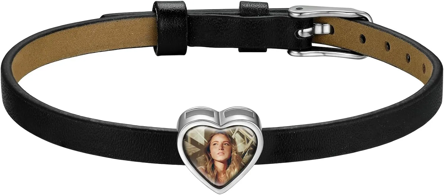 KeyStyle Custom Photo Bracelets for Men Women, Black Punk Leather Cuff Bracelet Braided Leathers Wrap Wristbands Adjustable Personalized Heart Gifts for Mother Wife Love One