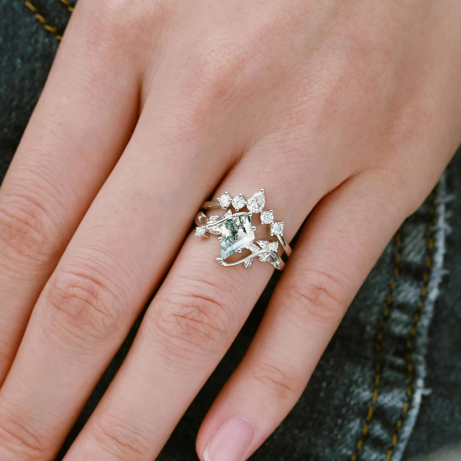 Kite Cut Gemstone and Moissanite Wedding Ring Sets for Women 10K 14K 18K Gold Platinum Plated Moss Agate/Emerald/Morganite Bridal Ring Sets for Her