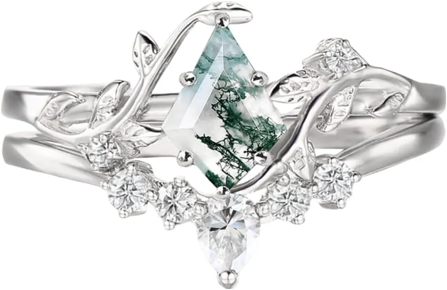 Kite Cut Gemstone and Moissanite Wedding Ring Sets for Women 10K 14K 18K Gold Platinum Plated Moss Agate/Emerald/Morganite Bridal Ring Sets for Her