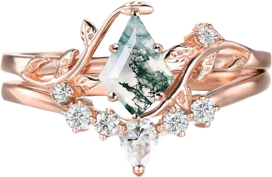 Kite Cut Gemstone and Moissanite Wedding Ring Sets for Women 10K 14K 18K Gold Platinum Plated Moss Agate/Emerald/Morganite Bridal Ring Sets for Her