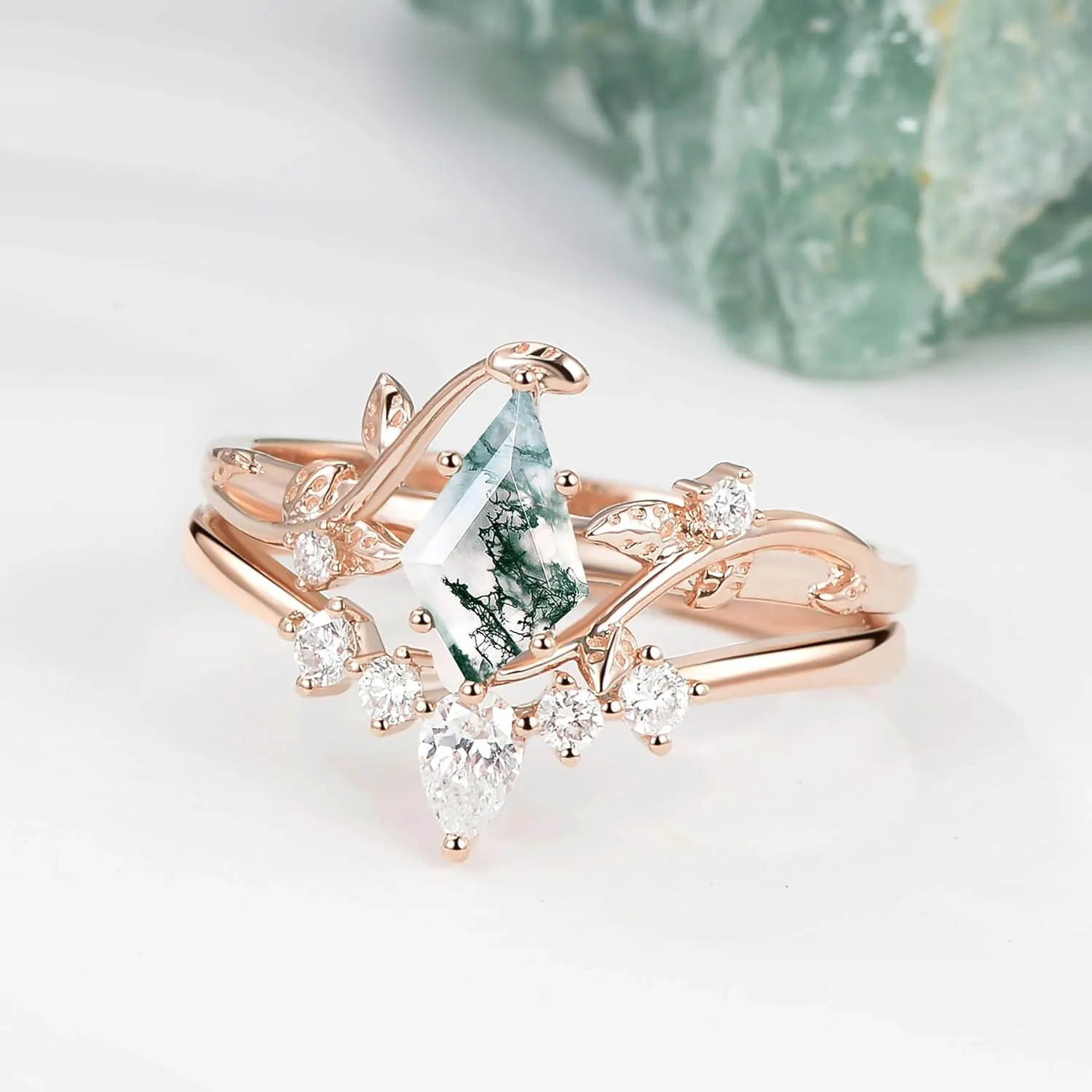 Kite Cut Gemstone and Moissanite Wedding Ring Sets for Women 10K 14K 18K Gold Platinum Plated Moss Agate/Emerald/Morganite Bridal Ring Sets for Her