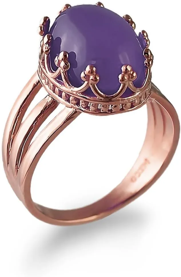 LA BLINGZ 10K Rose Gold Oval Crown Amethyst Cabochon Tri-Band Gemstone Ring
