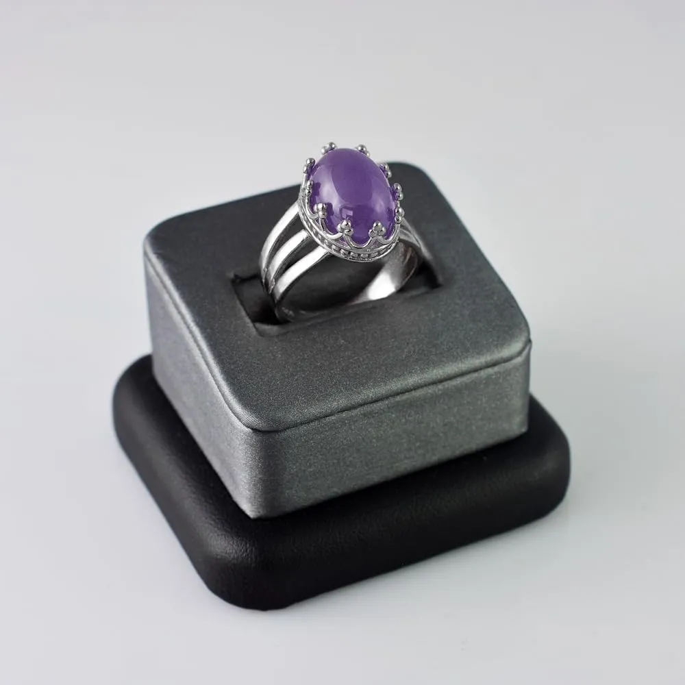 LA BLINGZ 14K White Gold Oval Crown Amethyst Cabochon Tri-Band Gemstone Ring